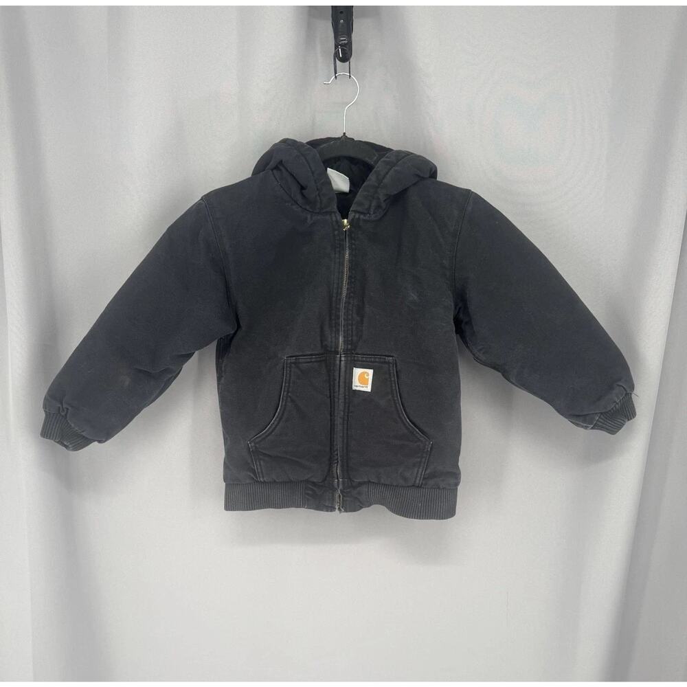 Carhartt Jacket Kids 7-8 Black Hooded Canvas Insulated Zip Front Workwear